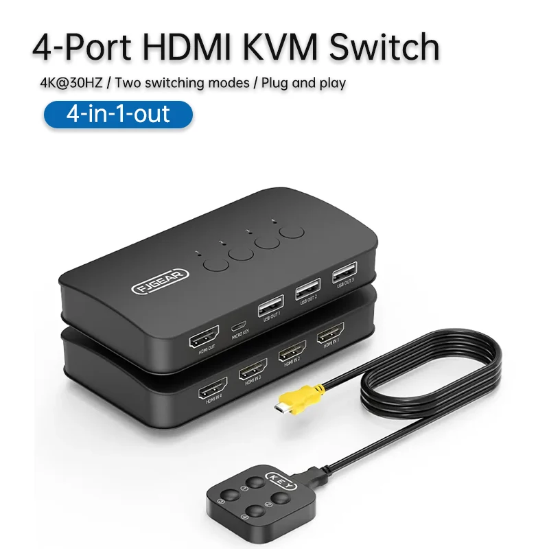

4-портовый KVM-переключатель HDMI-совместимый 2 входа 4 выхода 4 компьютерных устройств Поделиться Дисплей USB-принтер Клавиатура Мышь U-диск FJ-HK401