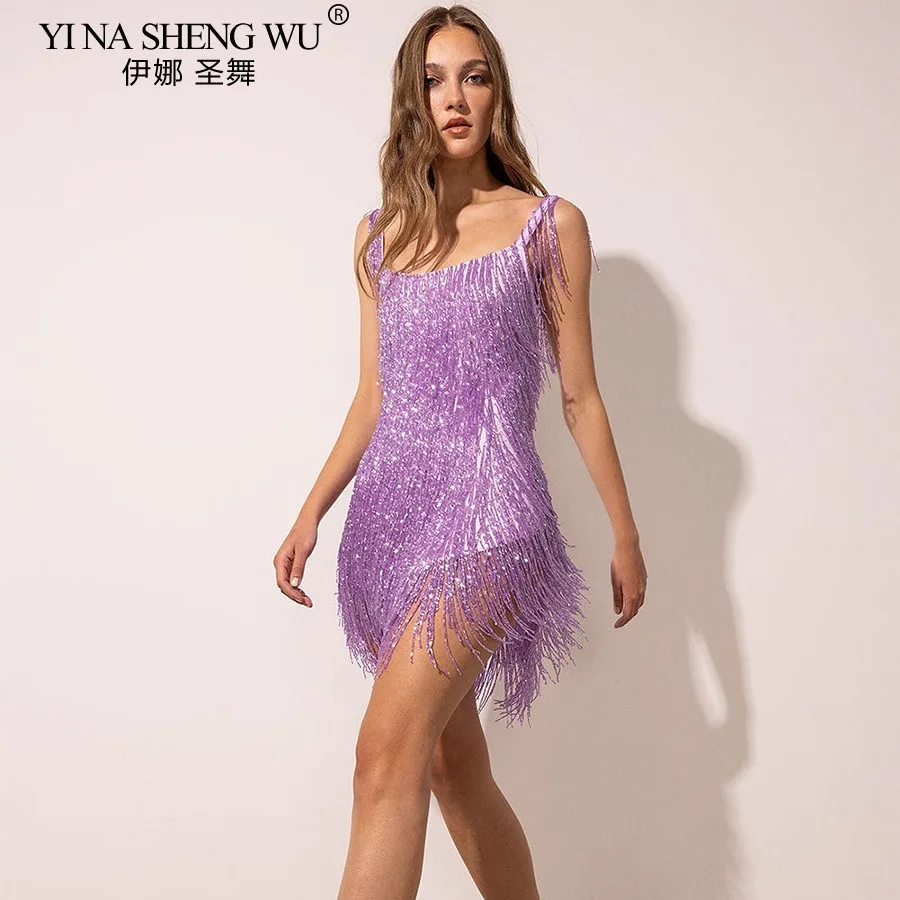 New Latin Dance Fringe Dress Women\'s Sexy Sleeveless Camisole Backless Sequin Tassel Dress Latin Dance Competition Costume