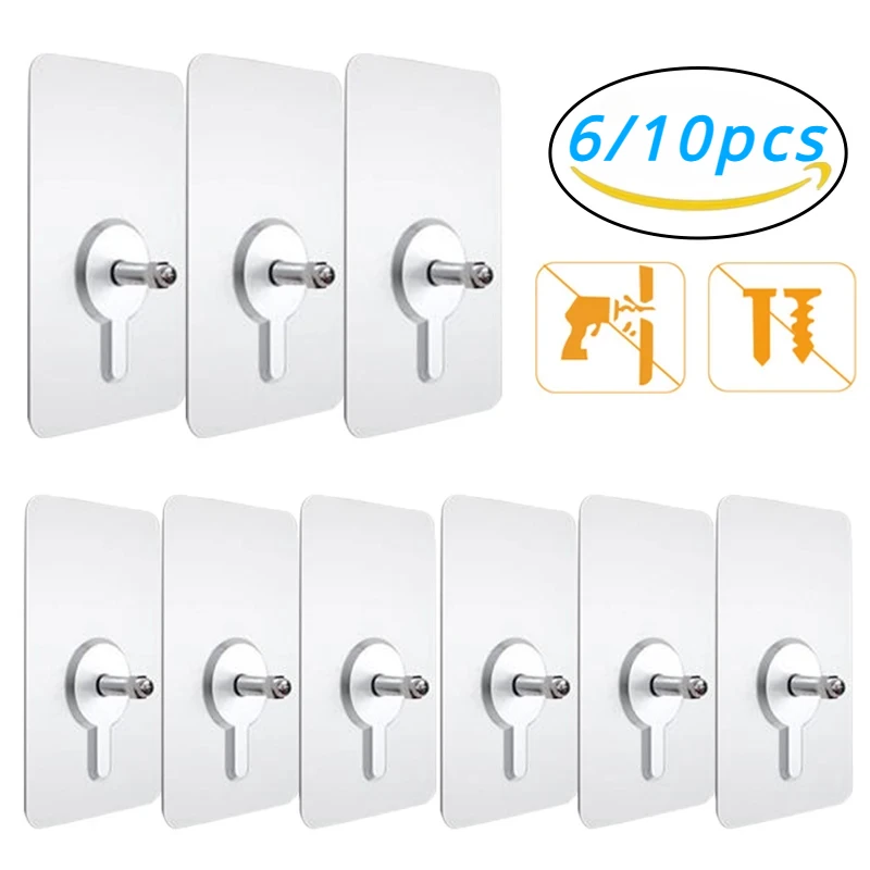 

6/10Pcs Kitchen Organizers Shelf Glue Clothes Hanger Wall Hook Organizer Transparent Closet Cupboard Self-adhesive Hooks Shelves