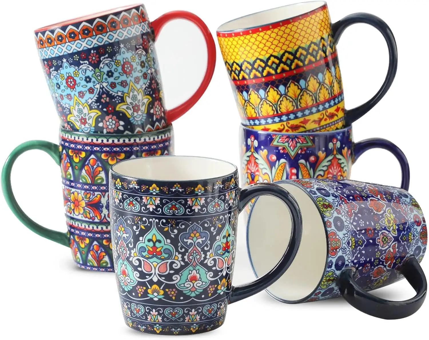 

Ceramic Coffee Mugs Set of 6, 16 oz Large Coffee Cups for Latte, Cappuccino, Milk, Dishwasher & Microwave Safe, Bohemian