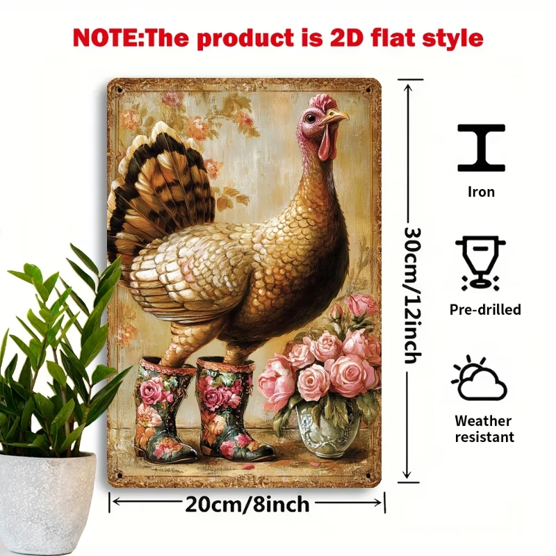 2D Flat - A Vintage-Style 2D Flat Metal Sign Featuring a Turkey in Floral Boots, Ideal for Farmhouse Decor. This Rustic Iron Pla