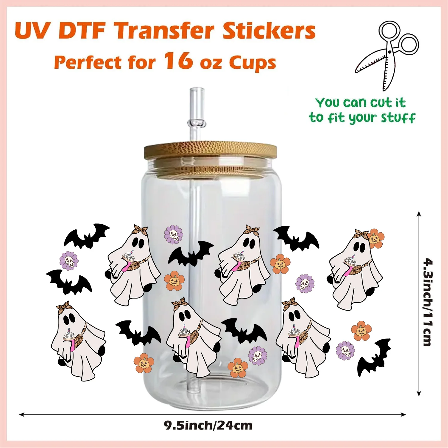 Spooky ghost Series Easy peel waterproof DIY Decals 3D transfers uvdtf crystal stickers 16oz uv dtf cup wraps for Glasses