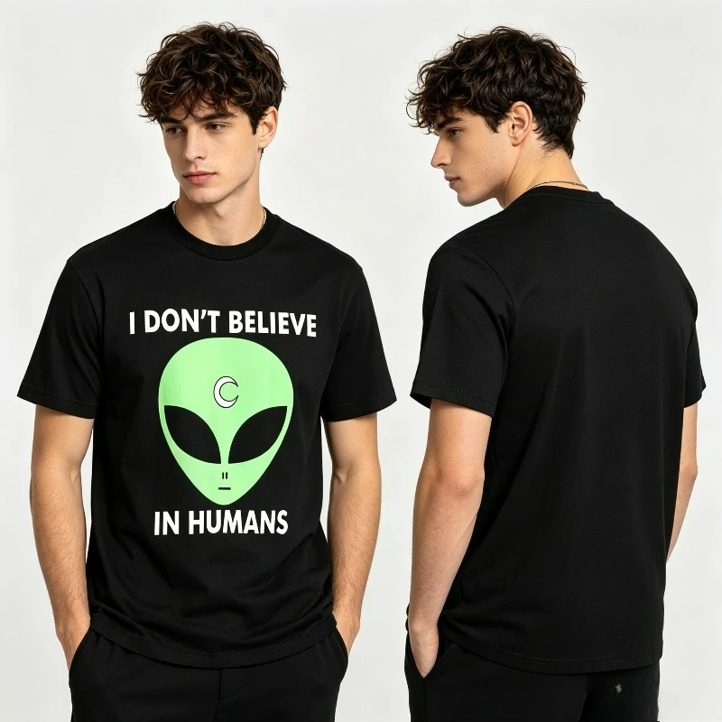 Men's Black White 'I Don't Believe In Humans' Alien Print T-shirt, Funny Casual Top