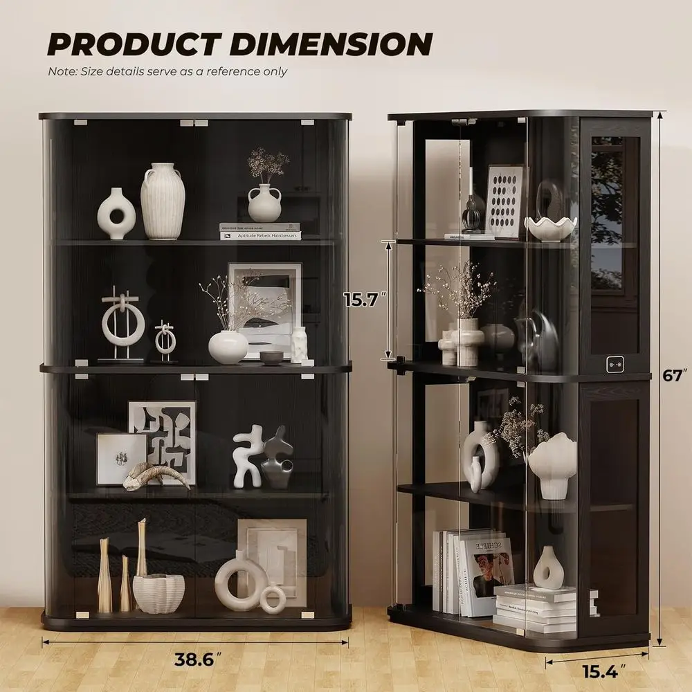 Large Rounded Display Cabinet with Glass Door, 4-Tier Curio Cabinet with 3 Color Lights or Collectibles, Glass Display Case with view 2
