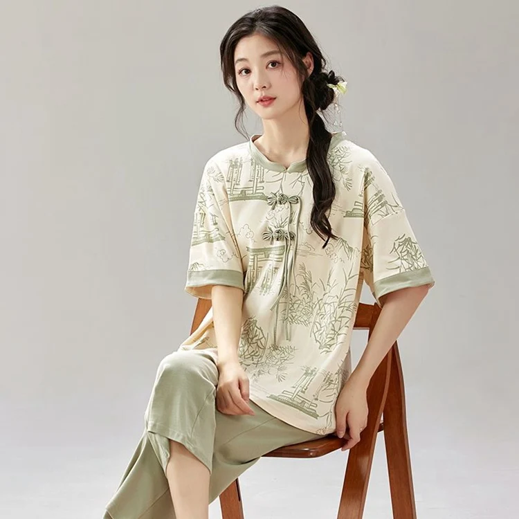 

Лето 2025 г., брюки до икры в китайском стиле с короткими рукавами, пижамные комплекты для женщин, милая одежда для сна, костюм, пижама, домашняя одежда, домашняя одежда