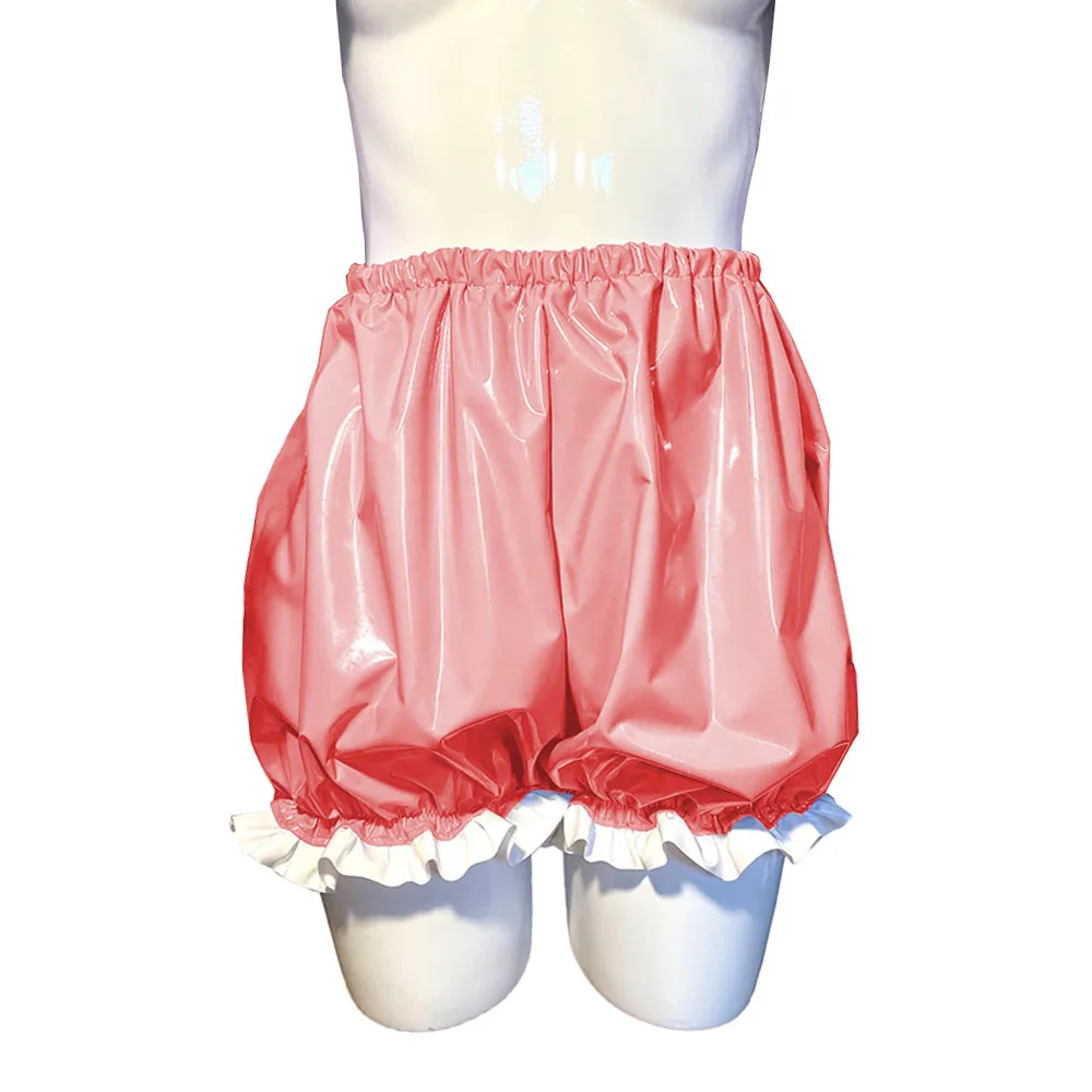 PVC Leather Short Pants for Men and Women,Vintage High Waist Bloomer Shorts,Ruffled Pumpkin Pants, Wetlook Lolita Bottoms, Vinyl