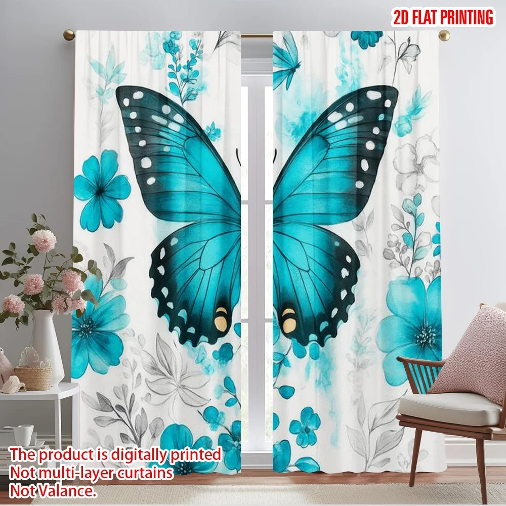 2pcs,2D plane printing Curtains&Window Treatment Blue Blossom Flutters Versatile 100% Polyester (without rod) Room Decor for