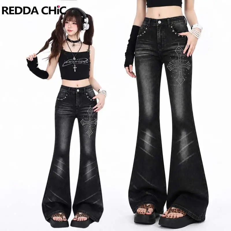 REDDACHiC Grunge Eyelets Women Tight Jeans Retro Rhinestone Cross Whiskers Stretchy High Rise Flared Denim Pants Punk Streetwear
