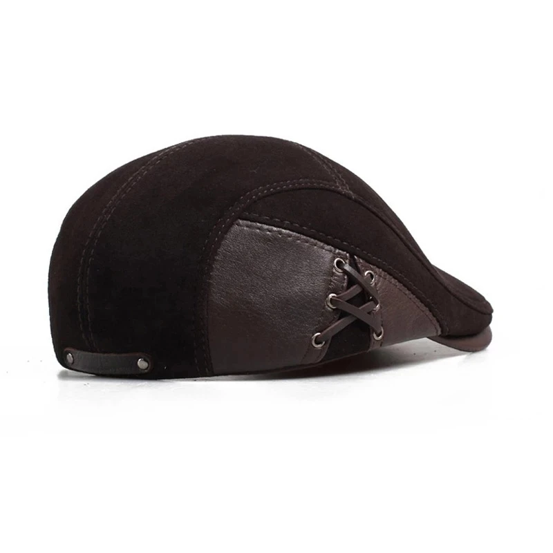 New 2024 Fashion European Style Genuine Leather Caps Beret Man Casual Sheepskin Suede Black/Brown Fitted Duckbill Hats Male