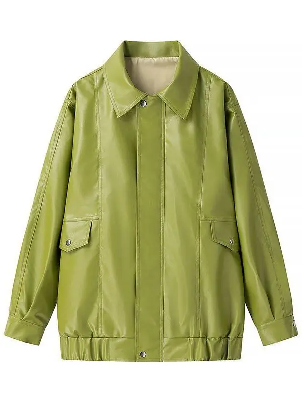 Street Faion Long Sve Colletto alla coreana in pelle Jaet Nuovo arrivo da donna Primavera 2025 Materiale PU Vestibilità ampia Maglia laterale