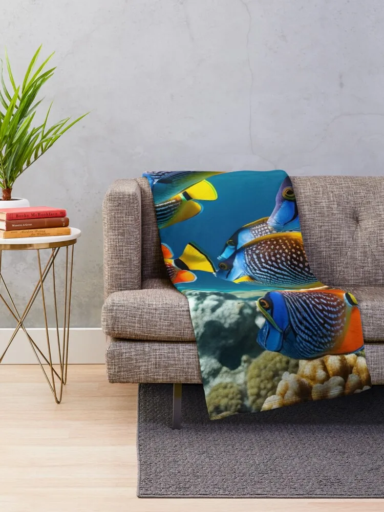 Underwater Ballet: A School of Vibrantly Colored Tangs in Graceful Motion Throw Blanket Thermals For Travel Softest Blankets