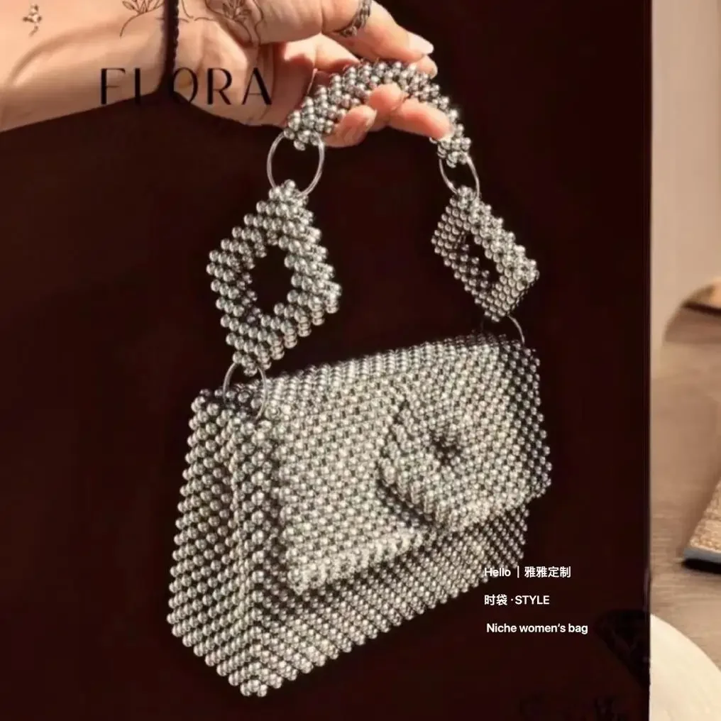 Silver Metal Bead Women's Bag Flip Fashion Banquet Music Festival Street Flip Handbag New Handmade Custom Color Shoulder Bags
