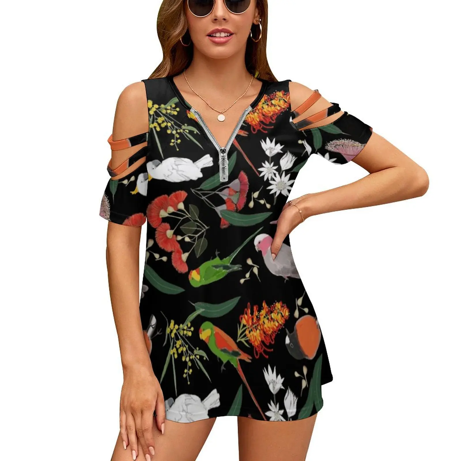 Hello Hello , What Do We Have Here ? New Fashion Zip Off Shoulder Top Short-Sleeve Women Shirt Wildflowers Wildlife Wild Bush