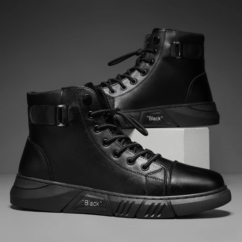 Bota de cano alto de couro PU masculina, confortável sapato esportivo, botas casuais de plataforma, cabeça redonda, preto, outono, inverno