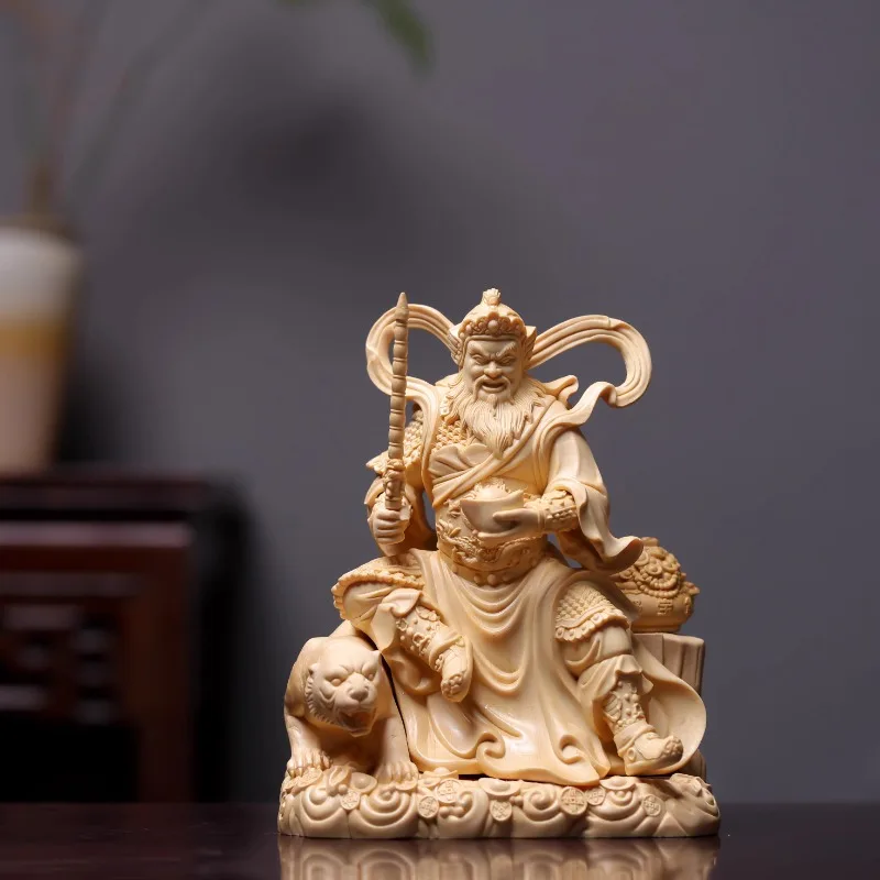 Finely Carved Wood God of Wealth Statue, Caishen with Tiger, Chinese Feng Shui Home Decor Crafts, Prosperity Figurine