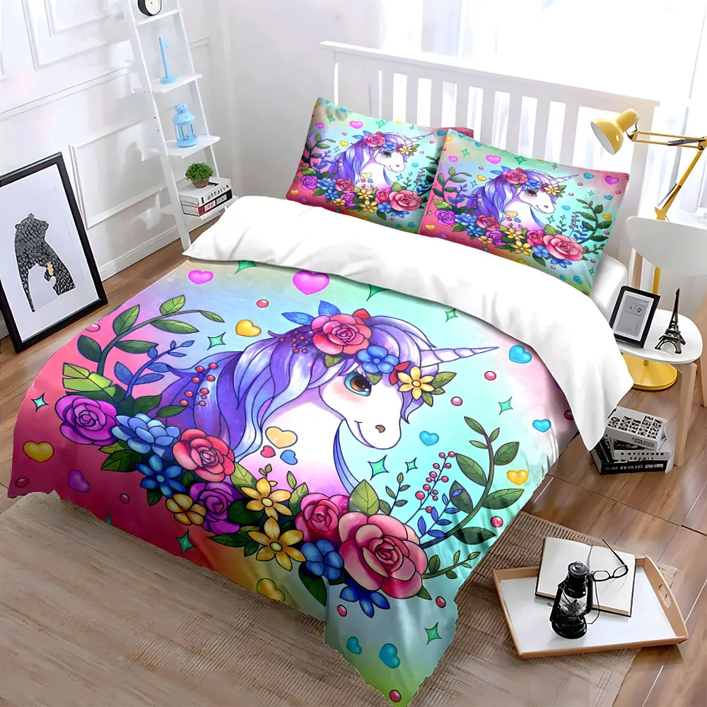 Magical unicorn with colorful floral wreath Bedding Set for Kids Luxury Gift 3pcs Digital Print Comforter Set Soft Comfortable
