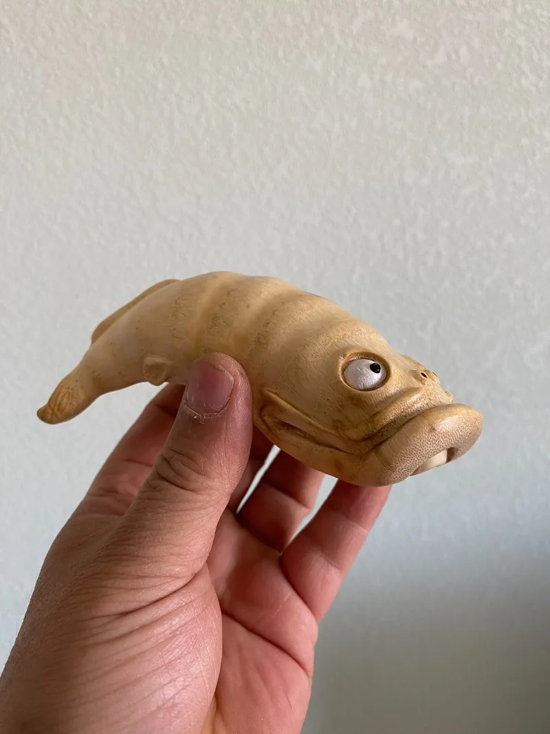 Annual Fish Aged Bamboo Root Carving, Handmade Zen Woodcraft Art, Traditional Chinese Auspicious Desk Decor Collectible