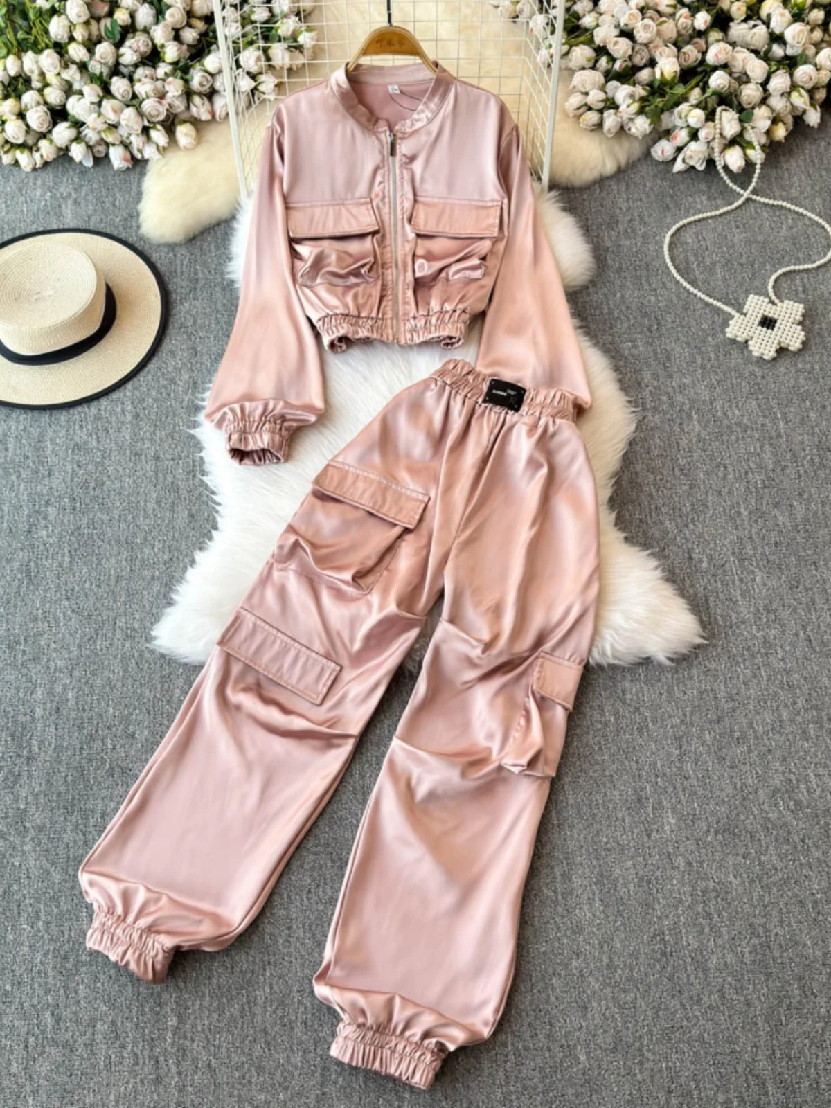 Gagaok casual jackets pant sets women pink workwear, short jacket, leggingsTwo piece autumn outfit