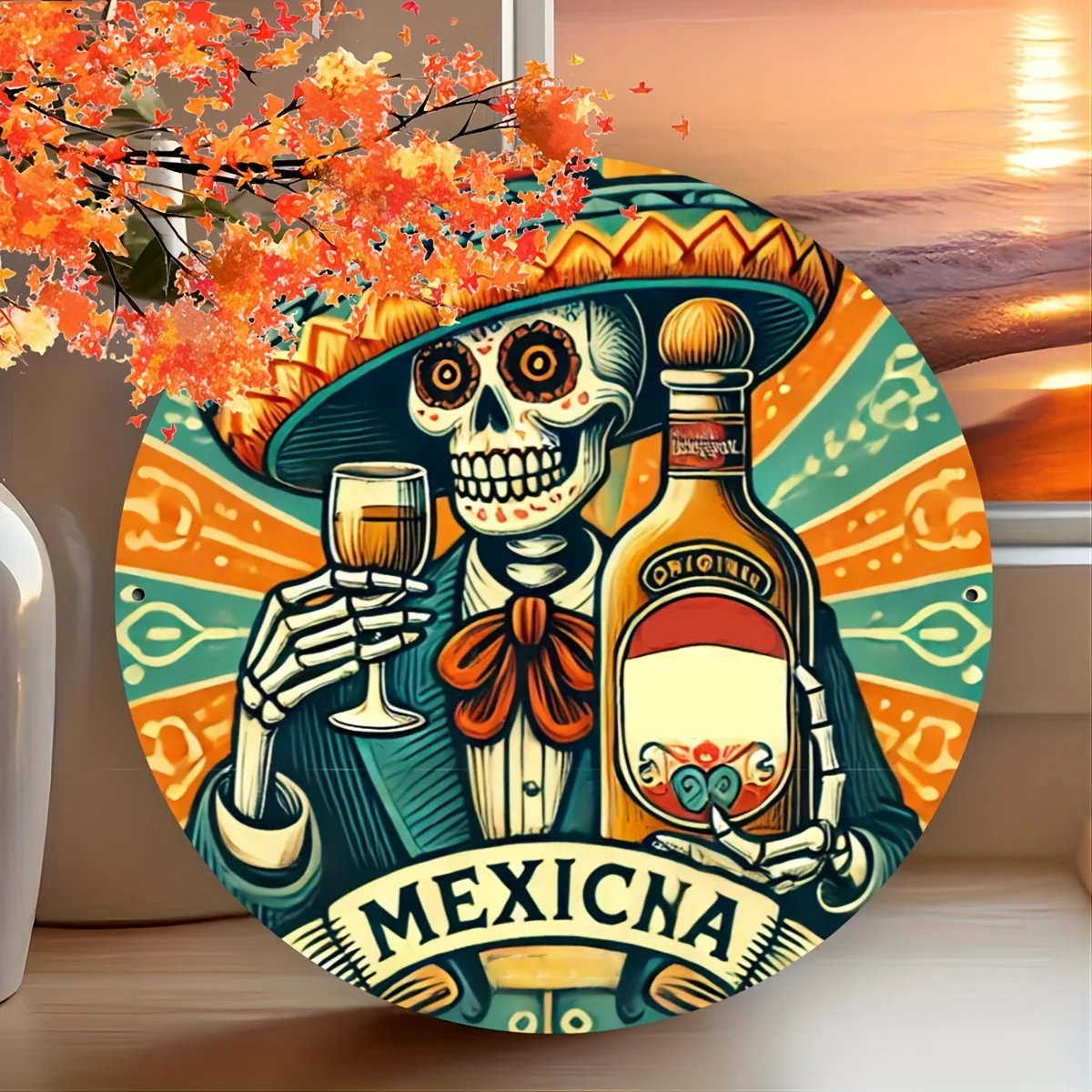 ]1 2D flat printed wooden logo 1 2D flat printed wooden logo Mexican agave skull design circular logo,