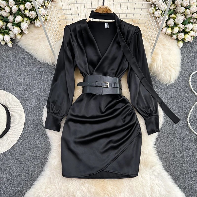 Vinegar Satin Black V-neck Dress Women Long Sleeve Waist Shrink Slim Pleated Hip Wrap Dress For Ladies Work