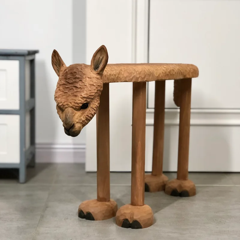 Solid wood hand-carved large alpaca stool home shoe changing stoolen creative Vicugna pacos furniture