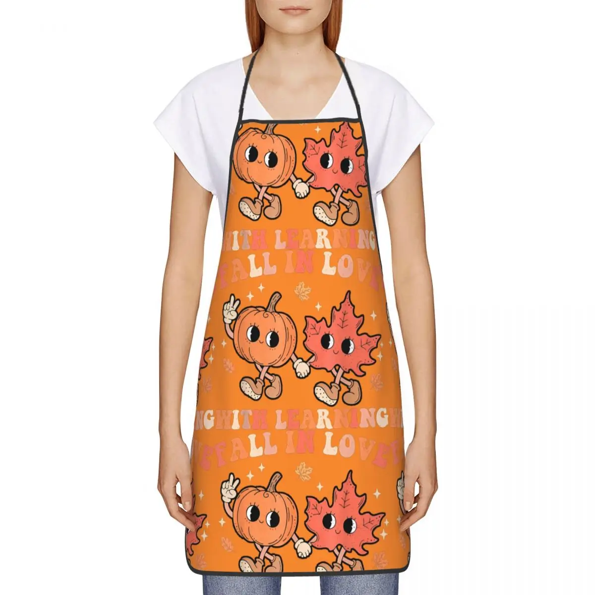Fall In Love With Learning Fall Teacher Thanksgiving Retro Kitchen Household Aprons Bib Tablier for Chef Barista Cooking Home