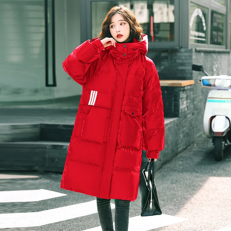 

Pop Women No-wash Down Coat Winter Nice Casual Fashion Hooded Solid Color Glossy Straight Loose Long Down Coat Thick Outerwear