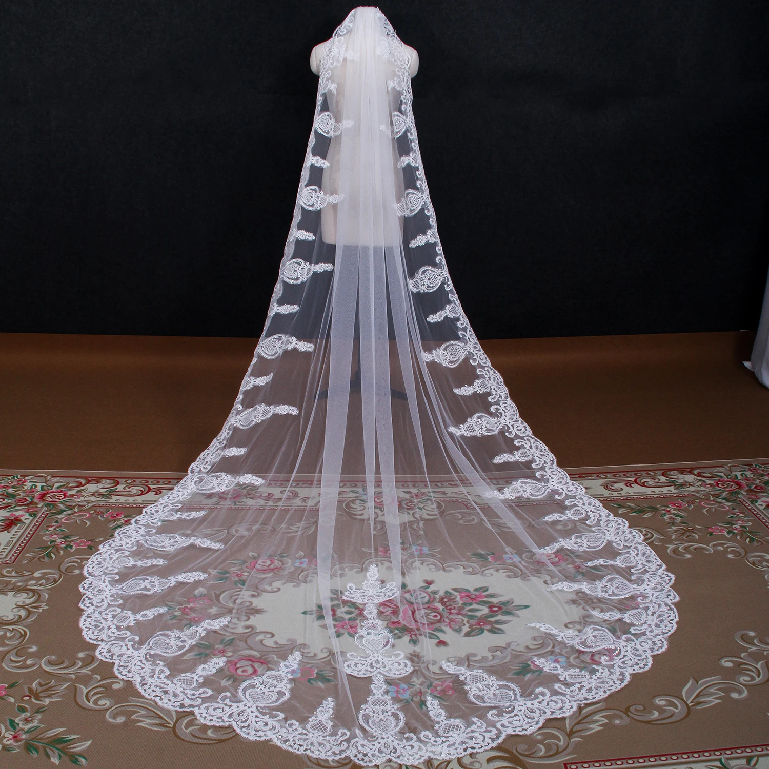 NZUK Real Photo Long Sequins Lace Wedding Veil 3 Meters Cathedral Bridal Veil with Comb High Quality White Ivory Veil Accessorie