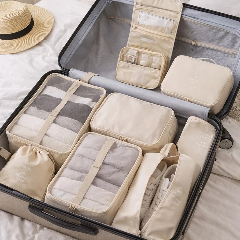 Set da 7/8/9 Pezzi di Organizzatori da Viaggio, Borse Portaoggetti, Cubi per Valigie, Custodie Portatili per Vestiti e Scarpe, Pieghevoli