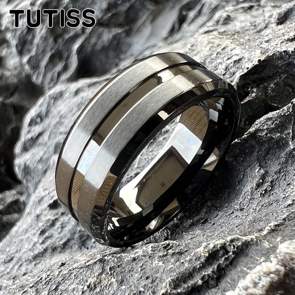 TUTISS 8mm Black Silver Color Wedding Band Stainless Steel Ring For Men Women Middle Groove Fashion Jewelry Great Workmanship