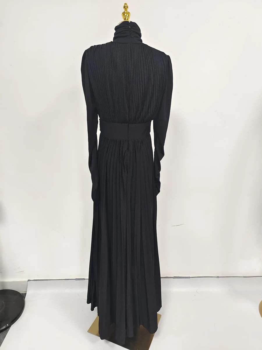 TWOTWINSTYLE Solid Spliced Belt Slimming Dresses For Women O Neck Long Sleeve High Waist Temperament Long Dress Female Clothes