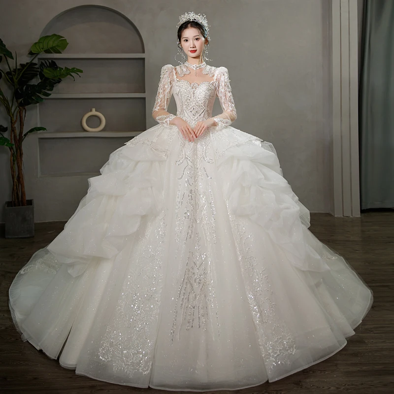 Wedding Bride's New Long Sleeve High Texture French Palace Style Princess Main Yarn Wedding Dress Blingbling Wedding Dress