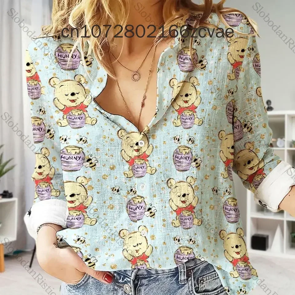 2024 New Disney Women\'s Shirts Winnie The Pooh Hawaiian Shirts  Fashion Long Sleeve Shirts Disney Sunscreen Shirts