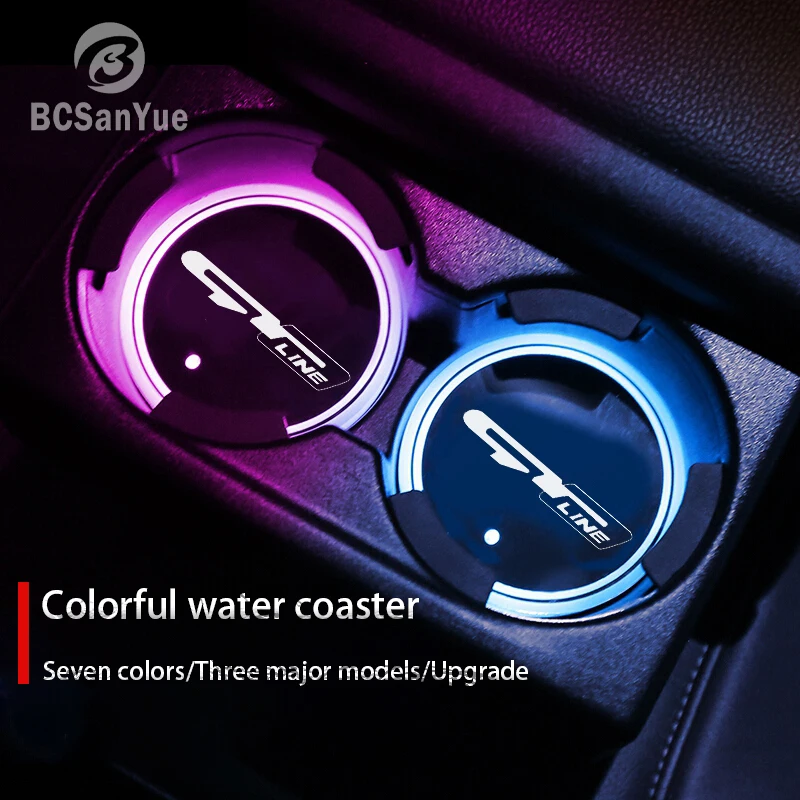 Luminous LED Car Water Cup Holder Coaster for GT Line 7 Colorful RGB Light USB Charging with Vibration Sensor Atmosphere Lamp