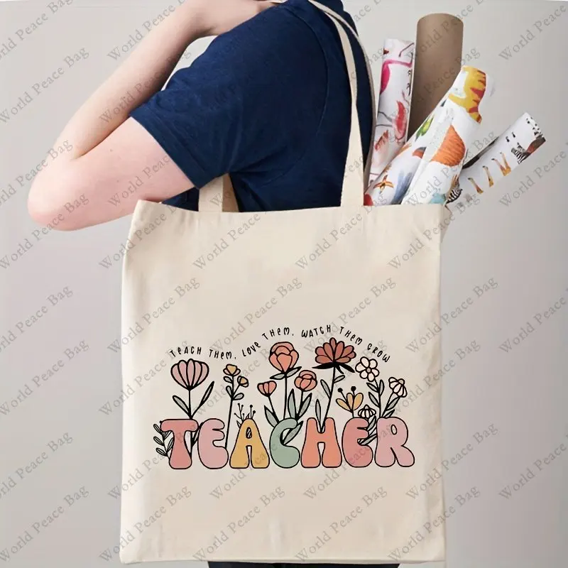 Teach Them, Love Them, Watch Them Grow Pattern Tote Bag, Floral Teacher Shoulder Bag Tote Bag, Gifts For Teachers