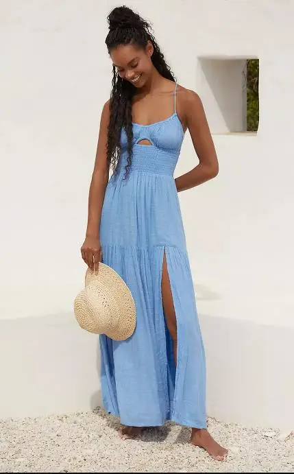 Vestido largo de mujer Color sólido ahuecado frente Spaghetti Strap Cami vestido verano moda sin mangas vestido Casual