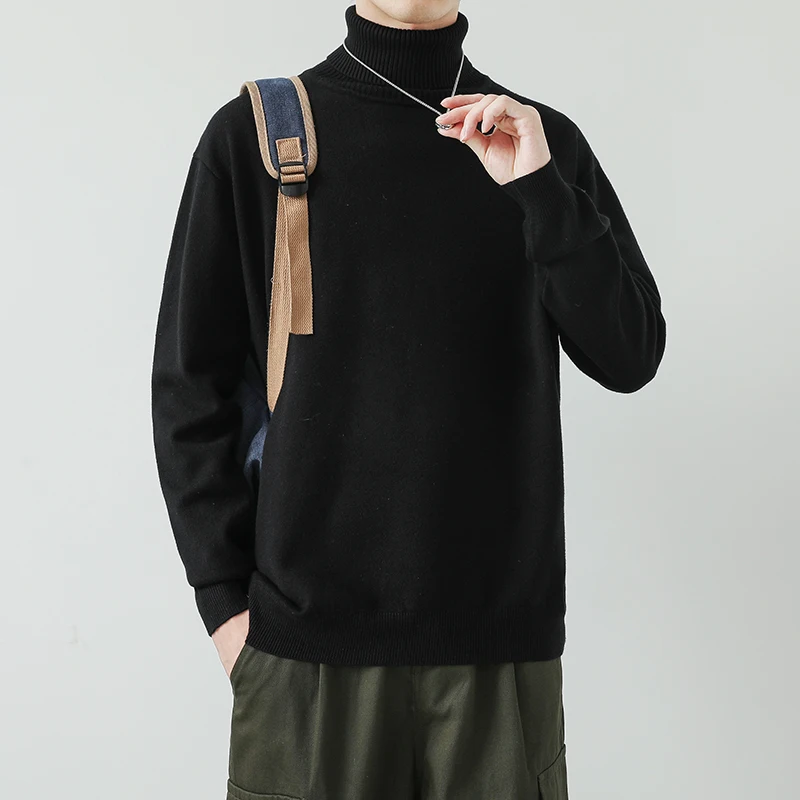 Suéter pulôver masculino de gola alta, cor sólida, estilo básico, fio macio de água, camada base moderna para primavera, outono e inverno