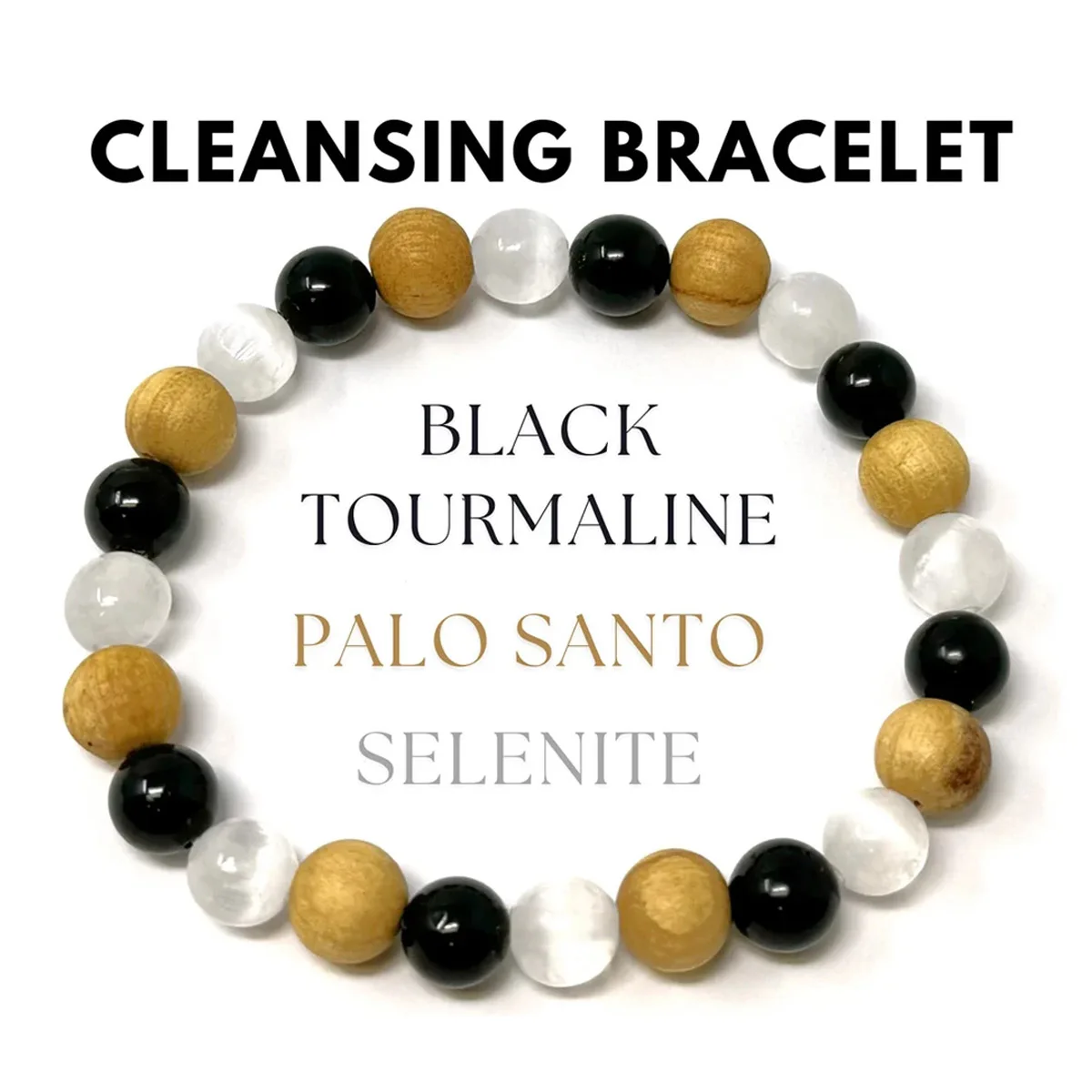 8mm Crystal Body Purification Bracelet with Selenite, Black Tourmaline, and Palo Santo to Enhance Movement and Energy