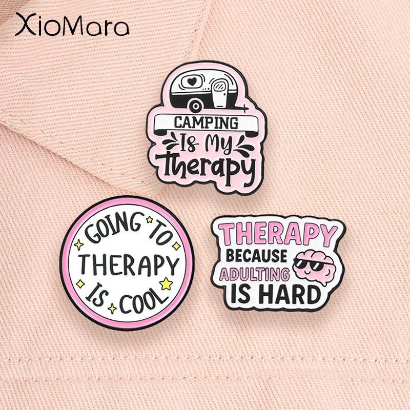 Self Care Mental Health Quote Enamel Pins Going To Therapy Is Cool Camping Is My Therapy Brooches Cartoon Brain Camper Van Badge