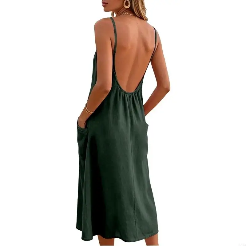 Women's linen dress, backless, long, casual, backless, flowing, long beach dress 6XDA