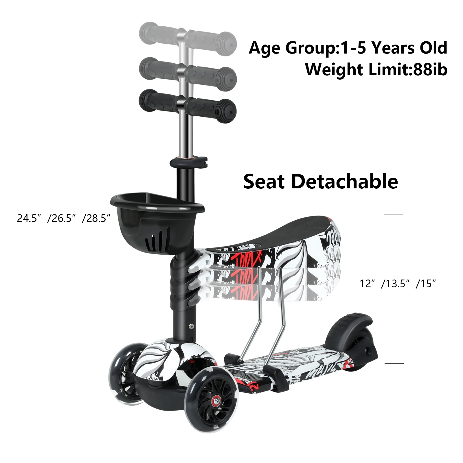 Kids Scooter , Kick Scooter with Removable Seat, Adjustable Height & LED Flashing Wheels Scooter with Brake for Kids Over 3 Year