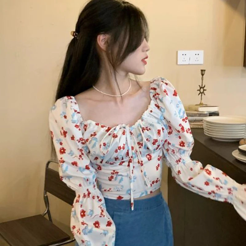 Floral Blouses Women Puff Sleeve Spring Female Fashion Hotsweet Crop Tops Vintage Daily Casual Soft All-match Korean Style Slim