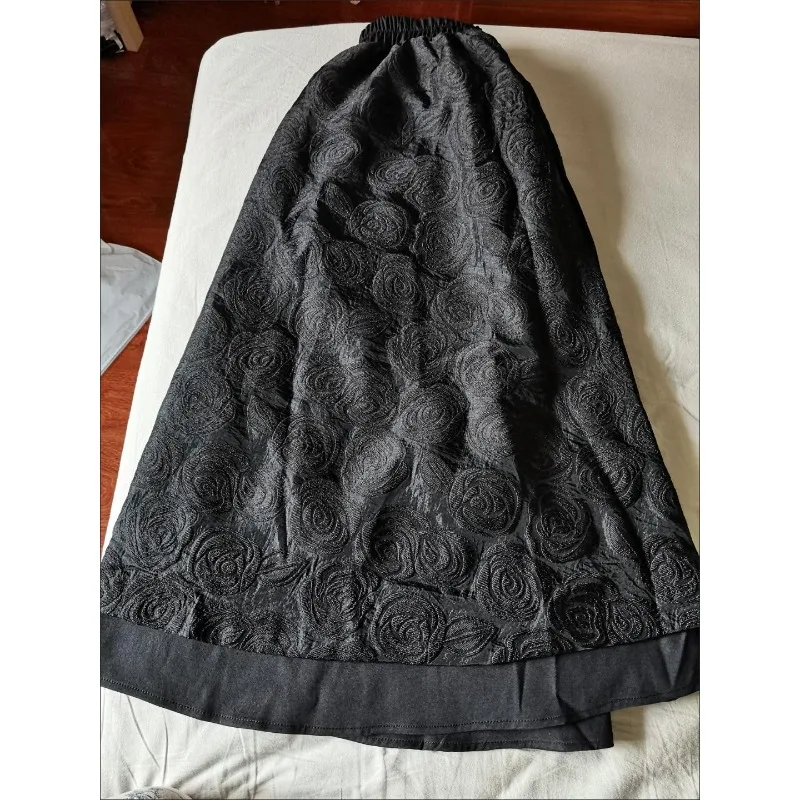 Falda negra Vintage Floral de cintura alta elástica para mujer, faldas por debajo de la rodilla informales holgadas, ropa elegante de moda para primavera y otoño 2025