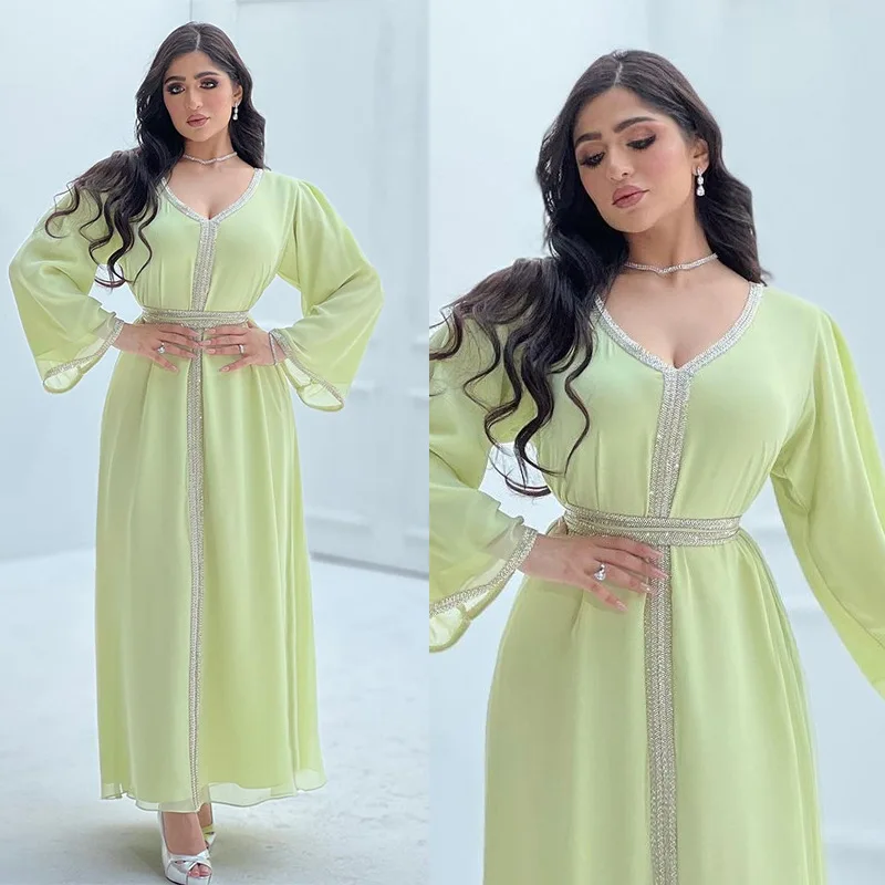 Modest Muslim Women Dress Morocco Caftan Chiffon Diamond Abaya V Neck Long Sleeve Loose Belted Arab Dubai Caftan Marocain Eid