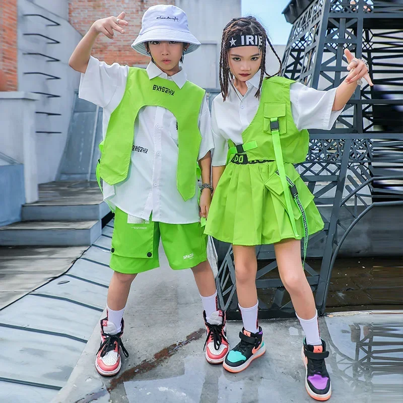 Fashion Children Streetwear Hip Hop Costumes Boys Green Vest Shorts Girls Shirt Skirt Teenage Kids Jazz Dance Stage Clothing