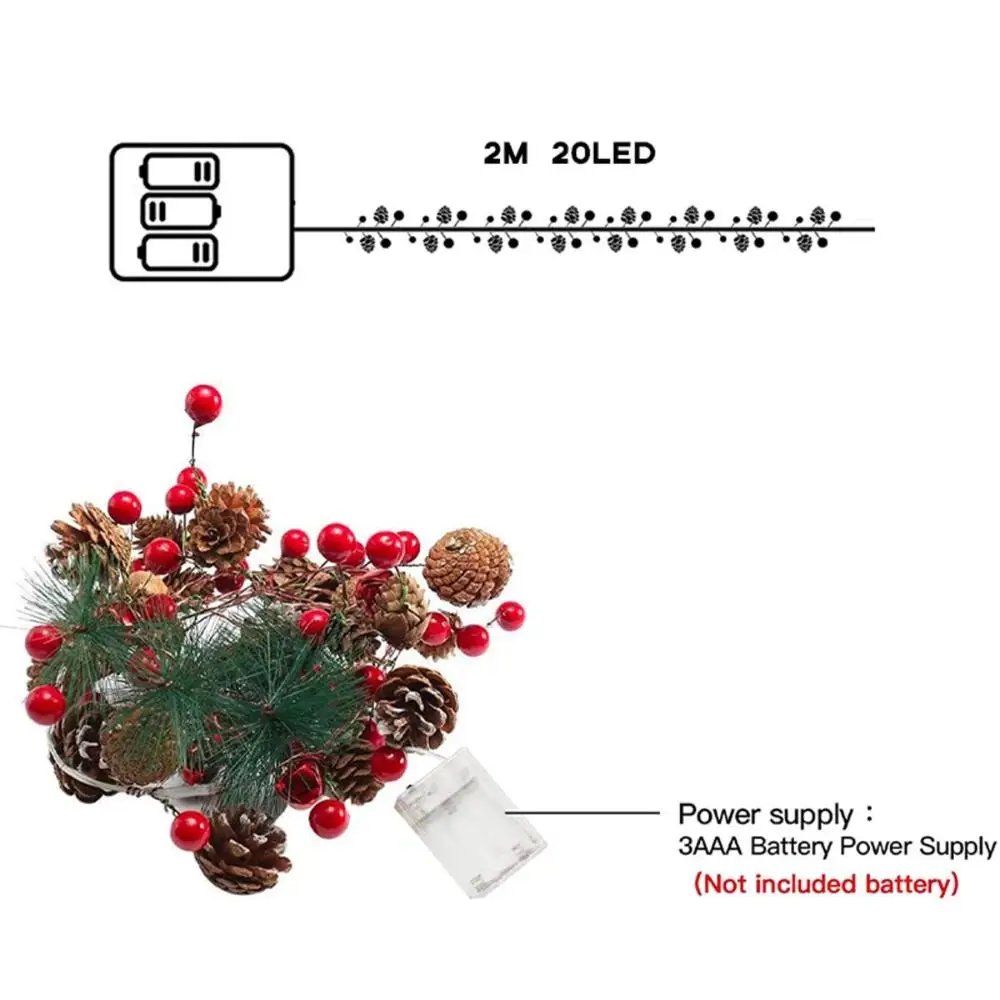 실내 야외 배터리 작동 휴일 스트링 조명, 2M 솔방울 레드 베리 화환 요정 조명, 크리스마스 장식