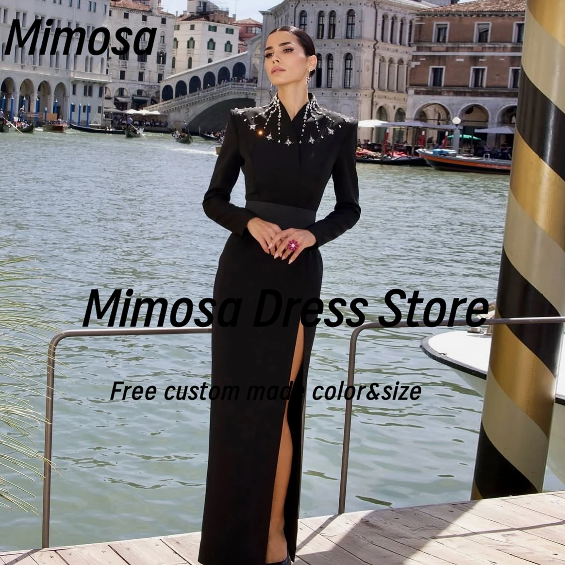 

Mimosa Black Prom Dresses with Beaded High Collar Formal Party Dress Sexy Side Slit Long Sleeve Evening Gowns Customized