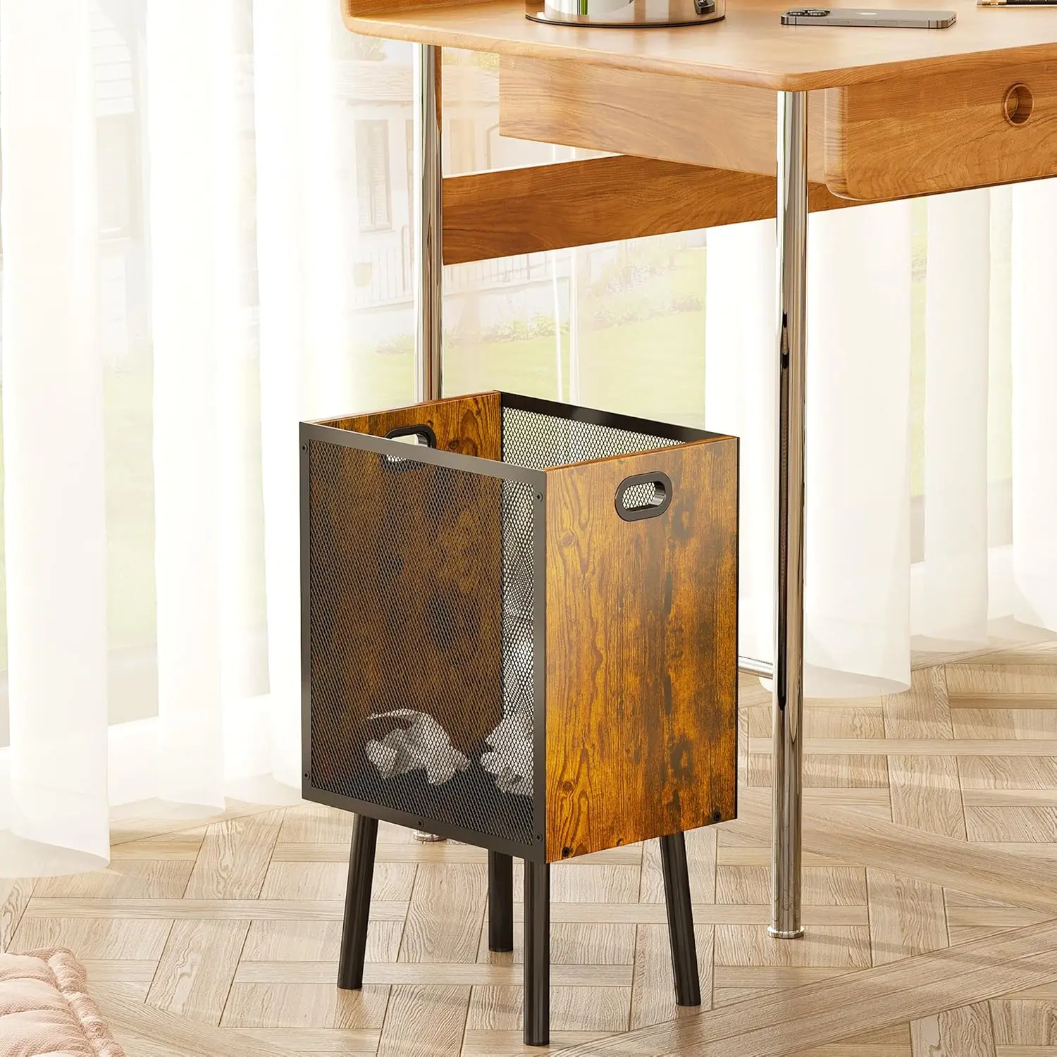 

Прямоугольная деревянная мусорная корзина на 4,5 галлона с металлической сеткой и ножками для офиса, спальни, гостиной