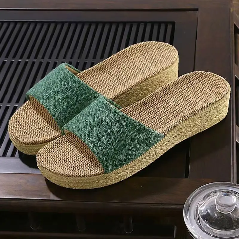 2026 Summer thick-soled elevating linen slippers women's indoor home quiet deodorant non-slip foot massage leisure sandals