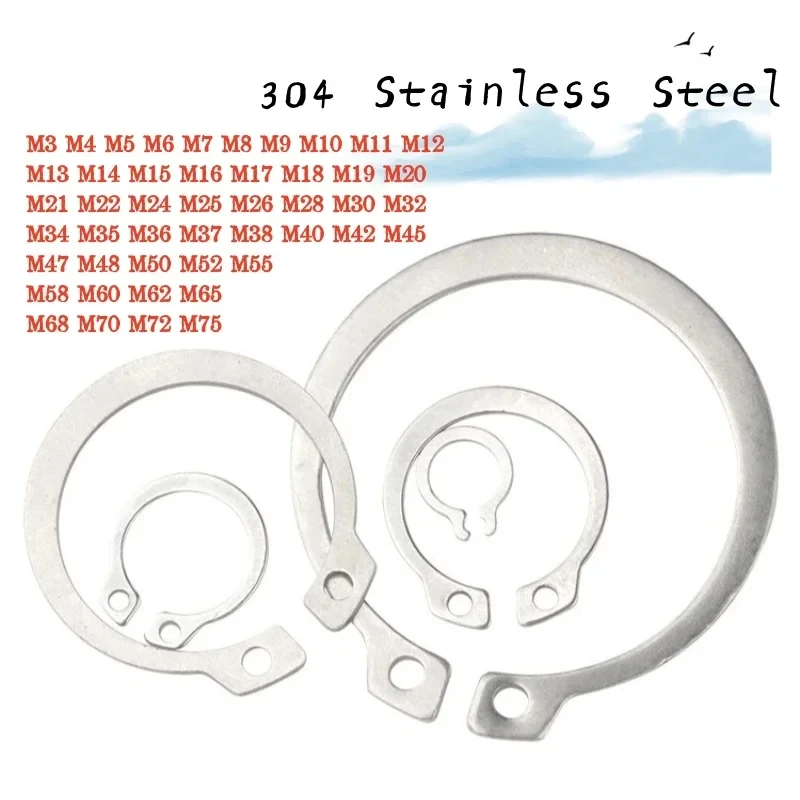 304 A2-70 Stainless Steel Retaining Ring M3-M75 / GB894 C-Shaped Shaft Circlip with Hole - Corrosion Resistant Gasket